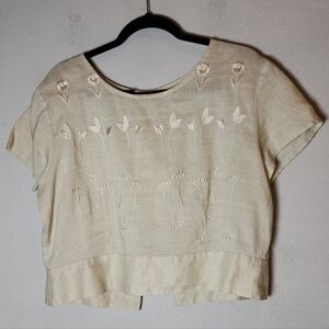Vtg 100% Linen Embroidered Button Back Short Sleeve Beige Top Size 14 Medium